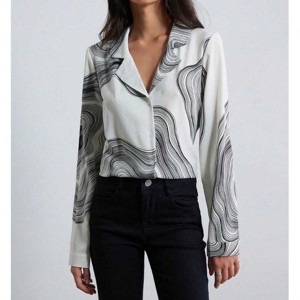 Marble Print Button Down Collared Long Sleeve Dress Shirt Top